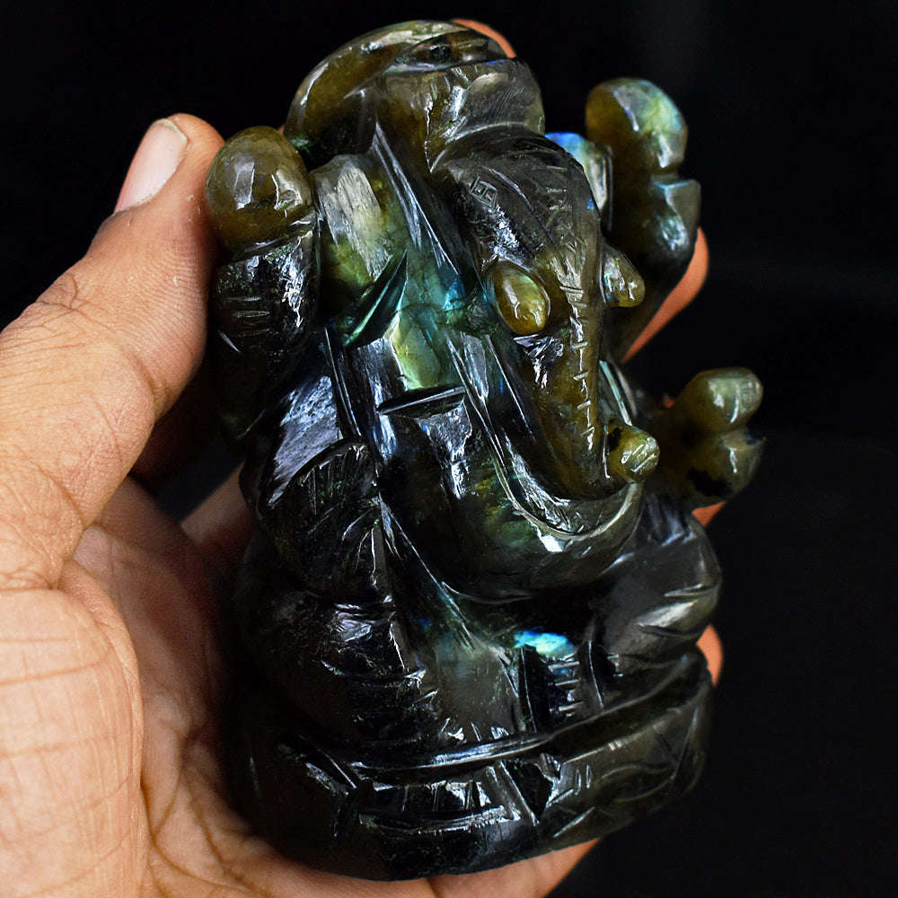 gemsmore:Exclusive Labradorite  Hand Carved Genuine Crystal Gemstone Carving Lord Ganesha