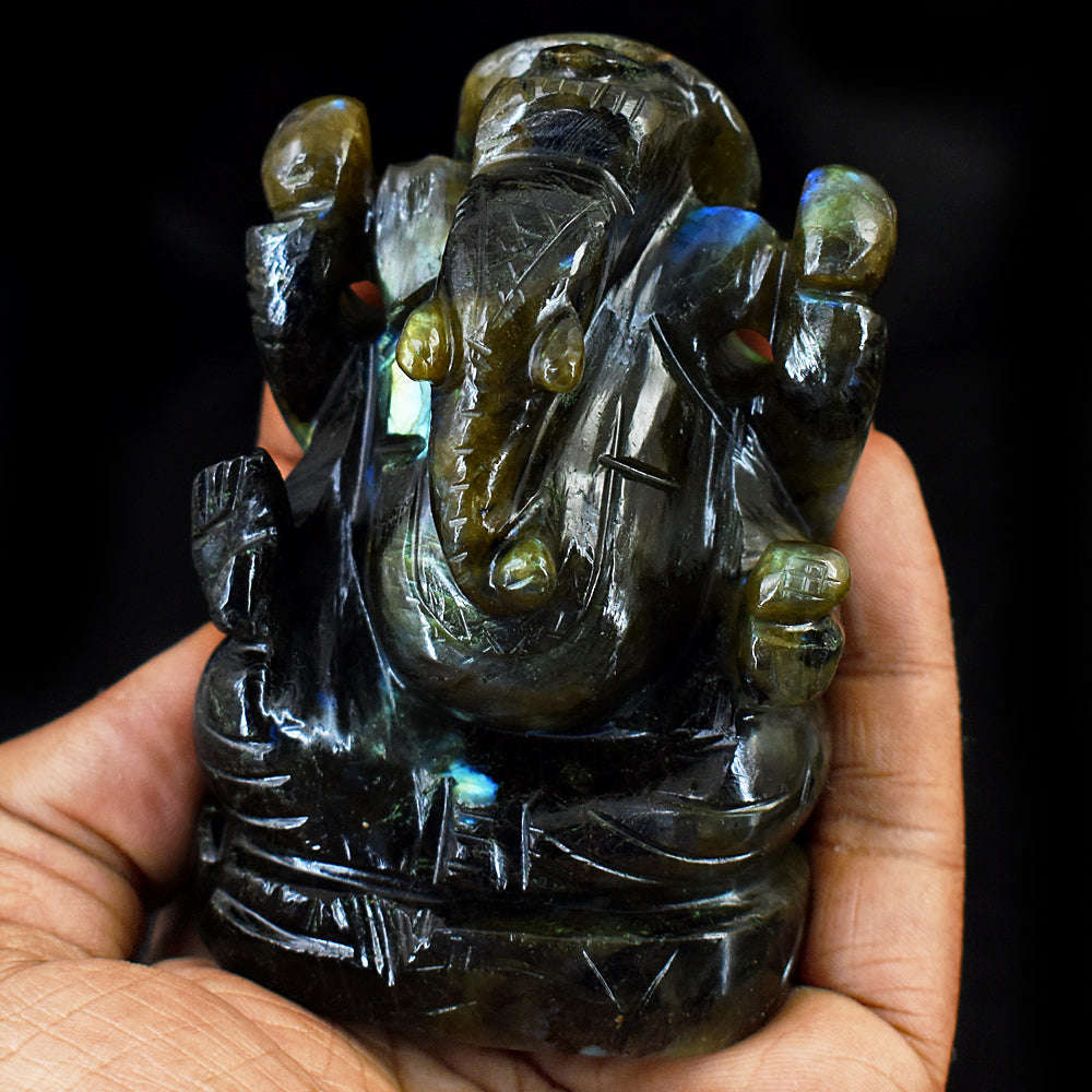 gemsmore:Exclusive Labradorite  Hand Carved Genuine Crystal Gemstone Carving Lord Ganesha