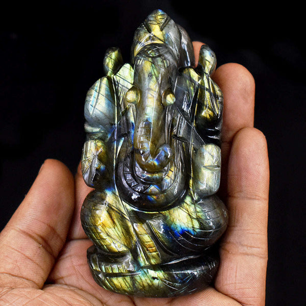 gemsmore:Exclusive Labradorite  Hand Carved Genuine Crystal Gemstone Carving Lord Ganesha