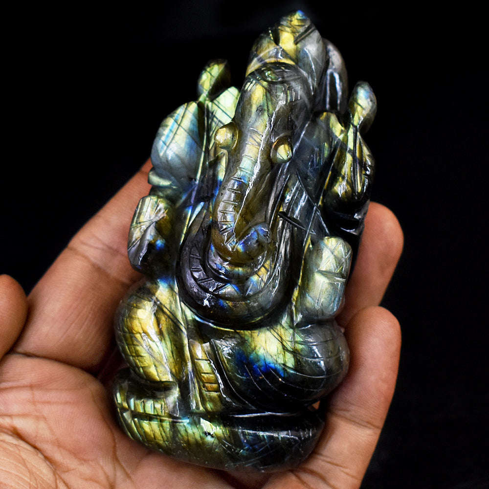 gemsmore:Exclusive Labradorite  Hand Carved Genuine Crystal Gemstone Carving Lord Ganesha