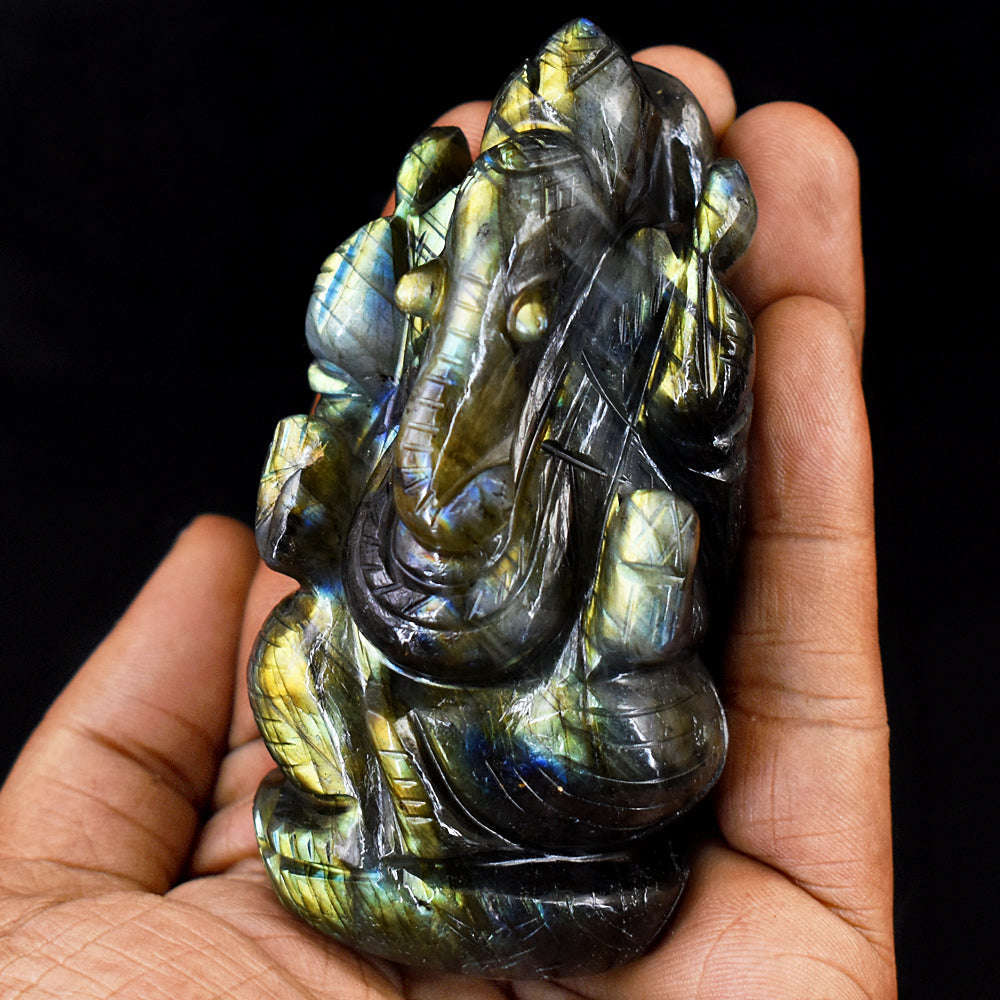 gemsmore:Exclusive Labradorite  Hand Carved Genuine Crystal Gemstone Carving Lord Ganesha