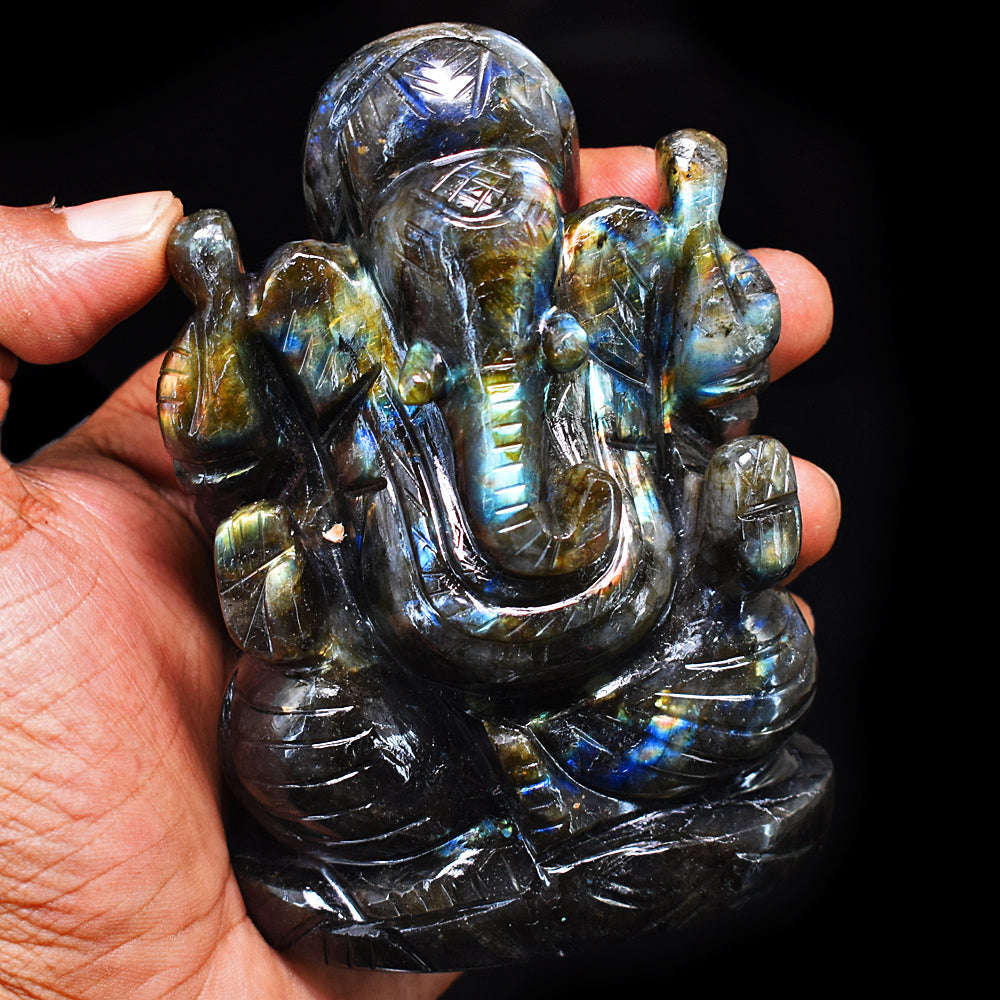 gemsmore:Exclusive Labradorite Hand Carved Genuine Crystal Gemstone Carving Lord Ganesha