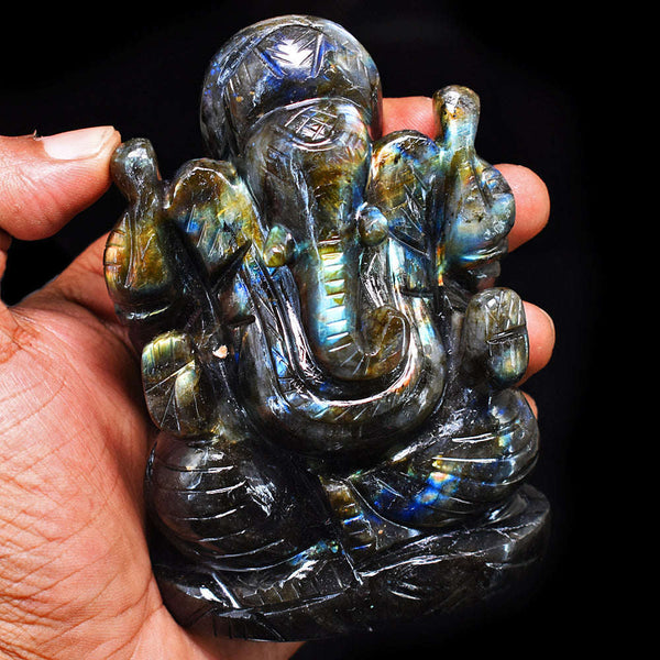 gemsmore:Exclusive Labradorite Hand Carved Genuine Crystal Gemstone Carving Lord Ganesha