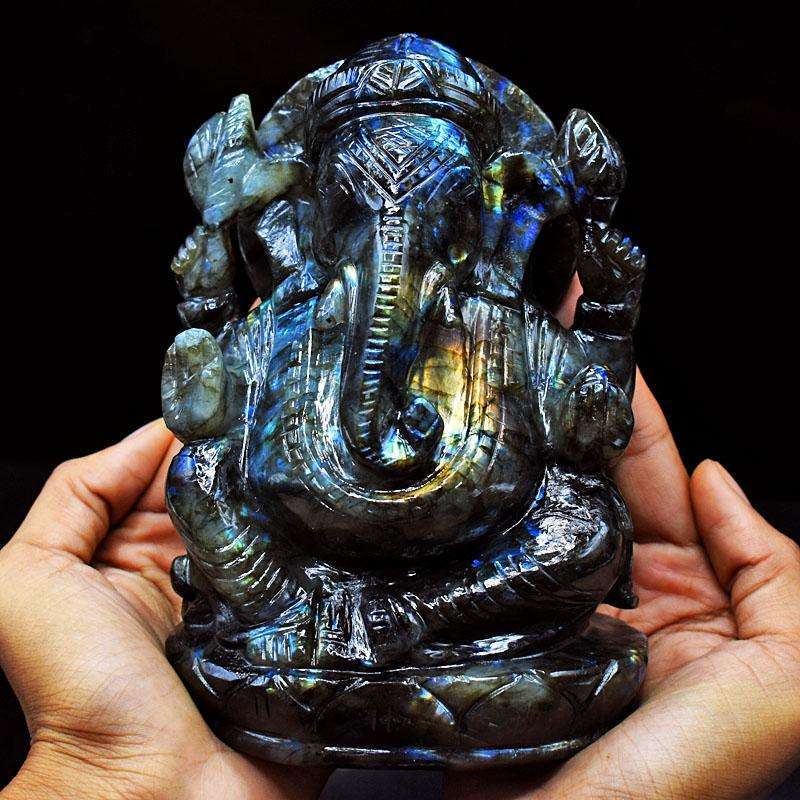 gemsmore:Exclusive  Labradorite Hand Carved Genuine Crystal Gemstone Carving Lord Ganesha