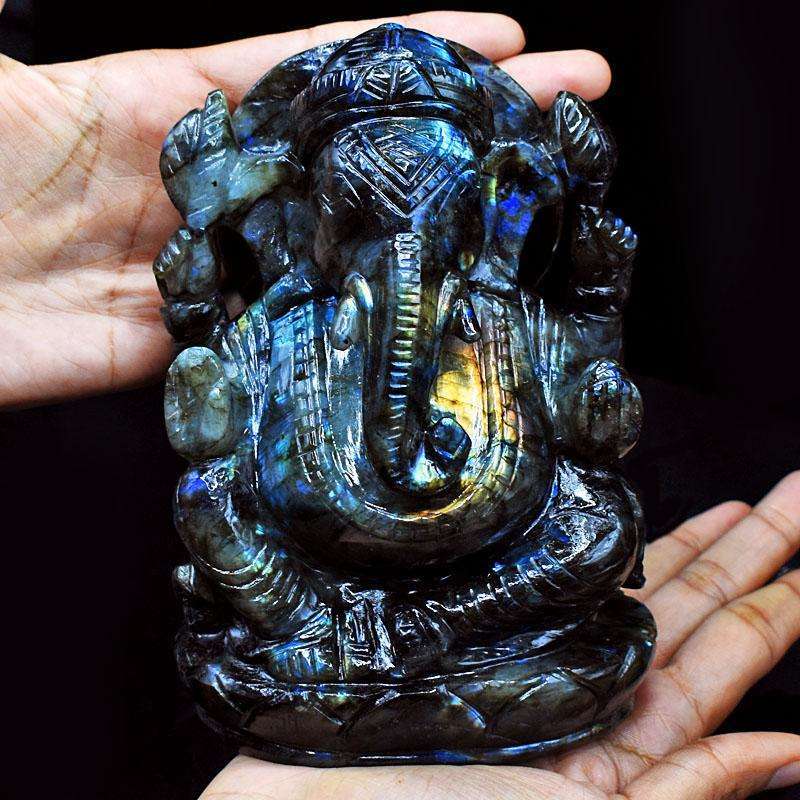 gemsmore:Exclusive  Labradorite Hand Carved Genuine Crystal Gemstone Carving Lord Ganesha