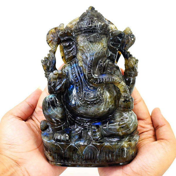 gemsmore:Exclusive Labradorite Hand Carved Genuine Crystal Gemstone Carving Lord Ganesha