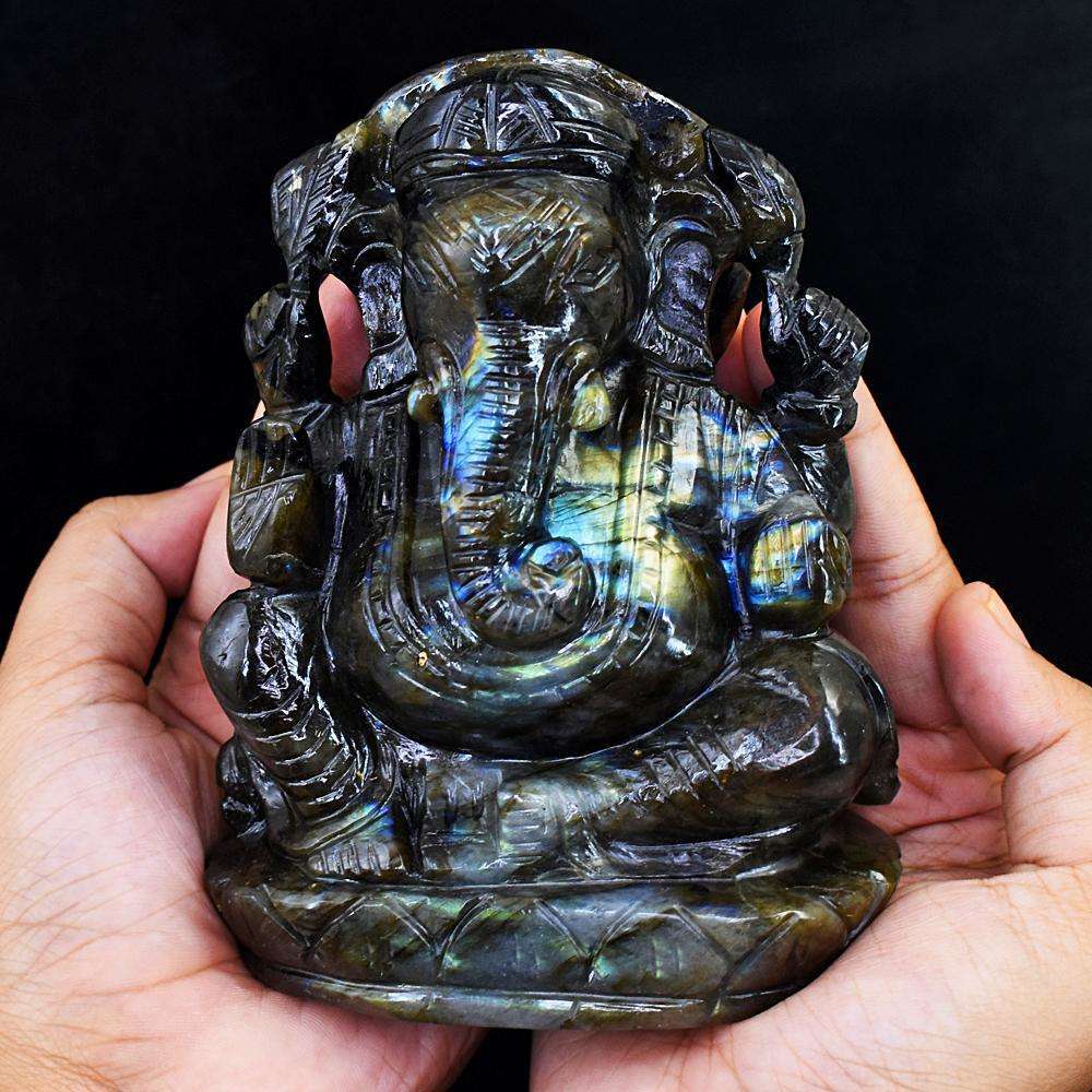 gemsmore:Exclusive Labradorite Hand Carved Genuine Crystal Gemstone Carving Lord Ganesha