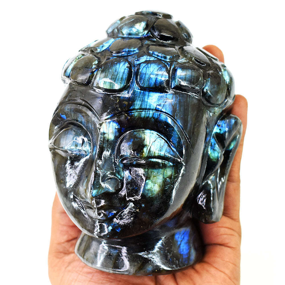 gemsmore:Exclusive Labradorite Hand Carved Genuine Crystal Gemstone Carving Massive Buddha Head