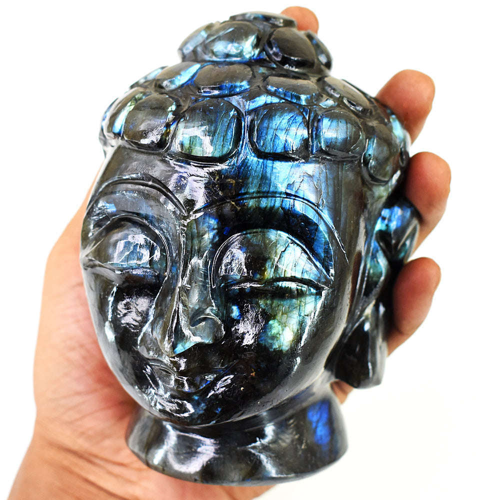 gemsmore:Exclusive Labradorite Hand Carved Genuine Crystal Gemstone Carving Massive Buddha Head