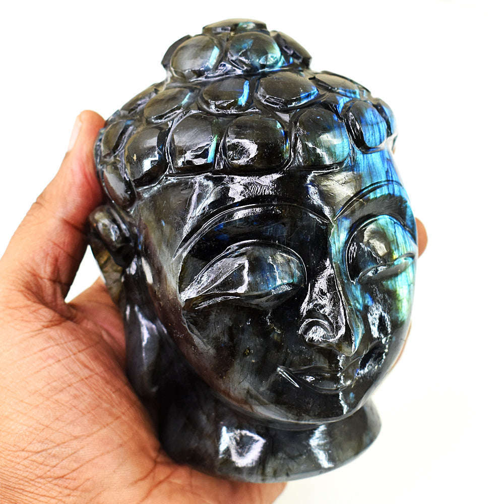 gemsmore:Exclusive Labradorite Hand Carved Genuine Crystal Gemstone Carving Massive Buddha Head