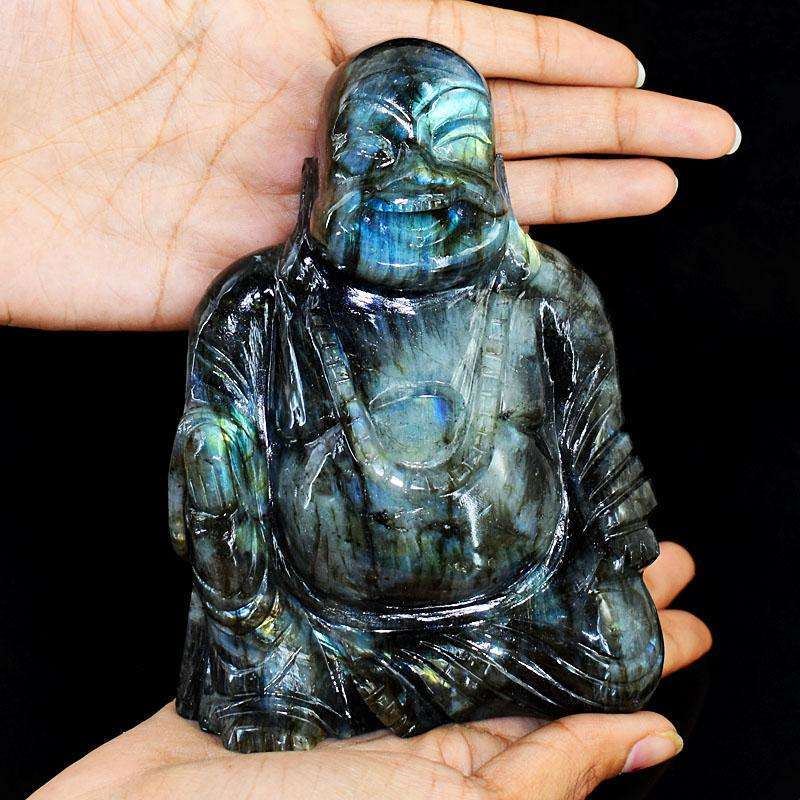 gemsmore:Exclusive Labradorite Hand Carved Genuine Crystal Gemstone Carving Massive Laughing Buddha