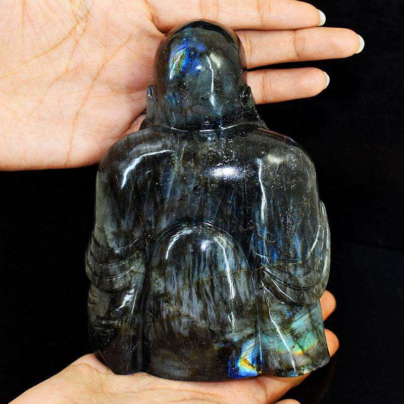 gemsmore:Exclusive Labradorite Hand Carved Genuine Crystal Gemstone Carving Massive Laughing Buddha