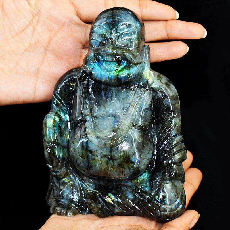 gemsmore:Exclusive Labradorite Hand Carved Genuine Crystal Gemstone Carving Massive Laughing Buddha