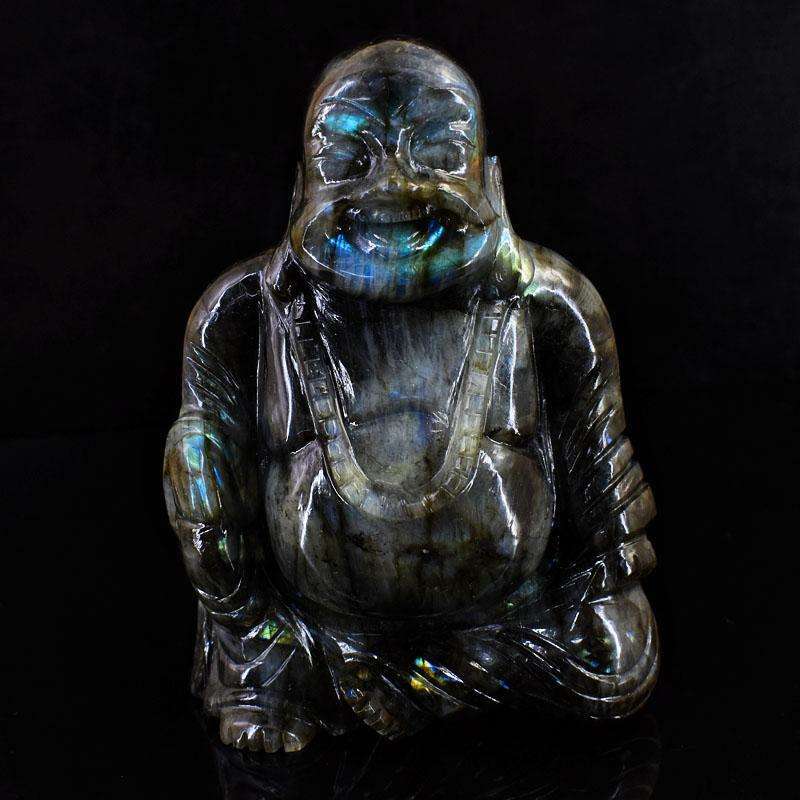 gemsmore:Exclusive Labradorite Hand Carved Genuine Crystal Gemstone Carving Massive Laughing Buddha