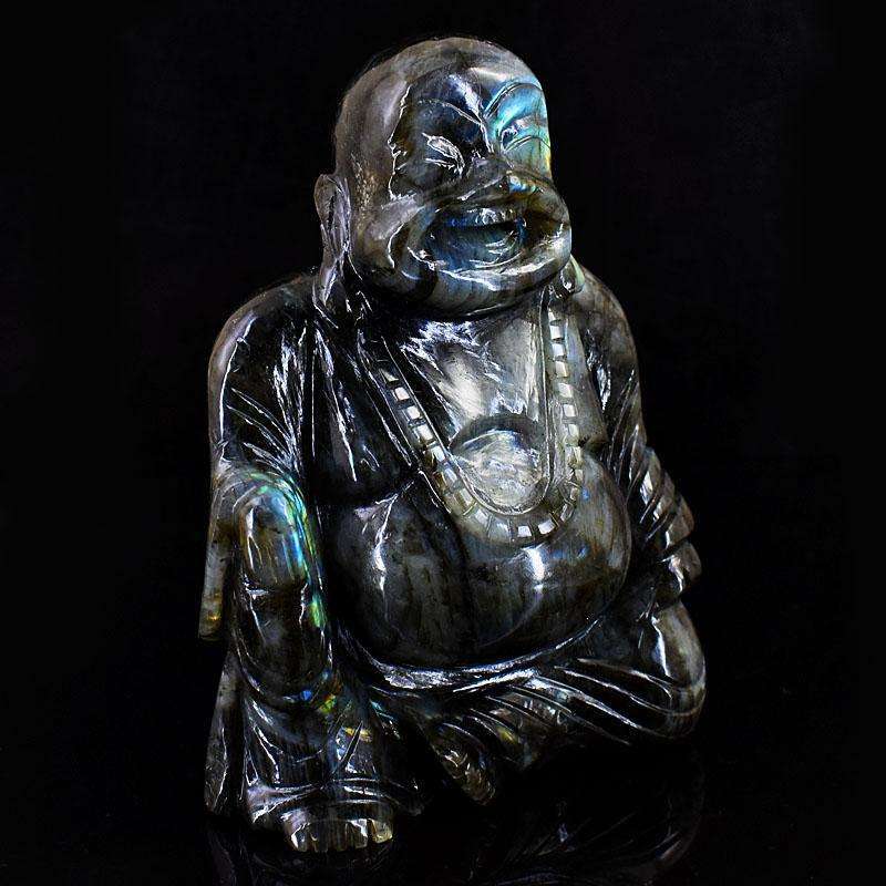 gemsmore:Exclusive Labradorite Hand Carved Genuine Crystal Gemstone Carving Massive Laughing Buddha