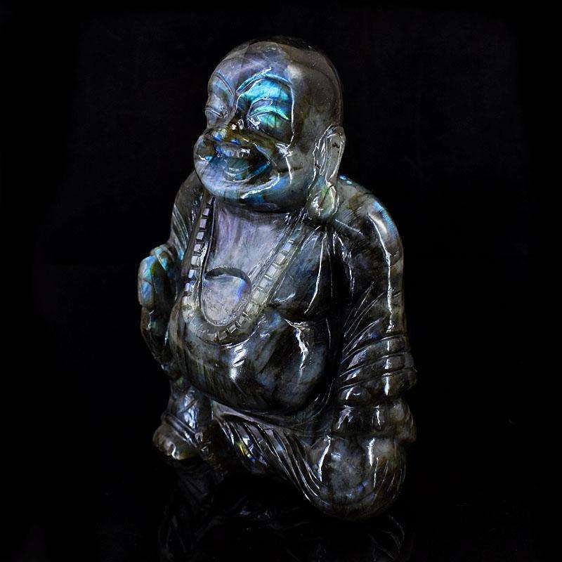 gemsmore:Exclusive Labradorite Hand Carved Genuine Crystal Gemstone Carving Massive Laughing Buddha