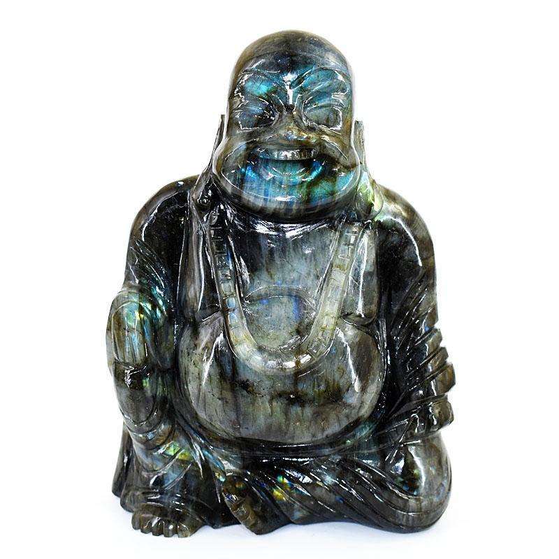 gemsmore:Exclusive Labradorite Hand Carved Genuine Crystal Gemstone Carving Massive Laughing Buddha