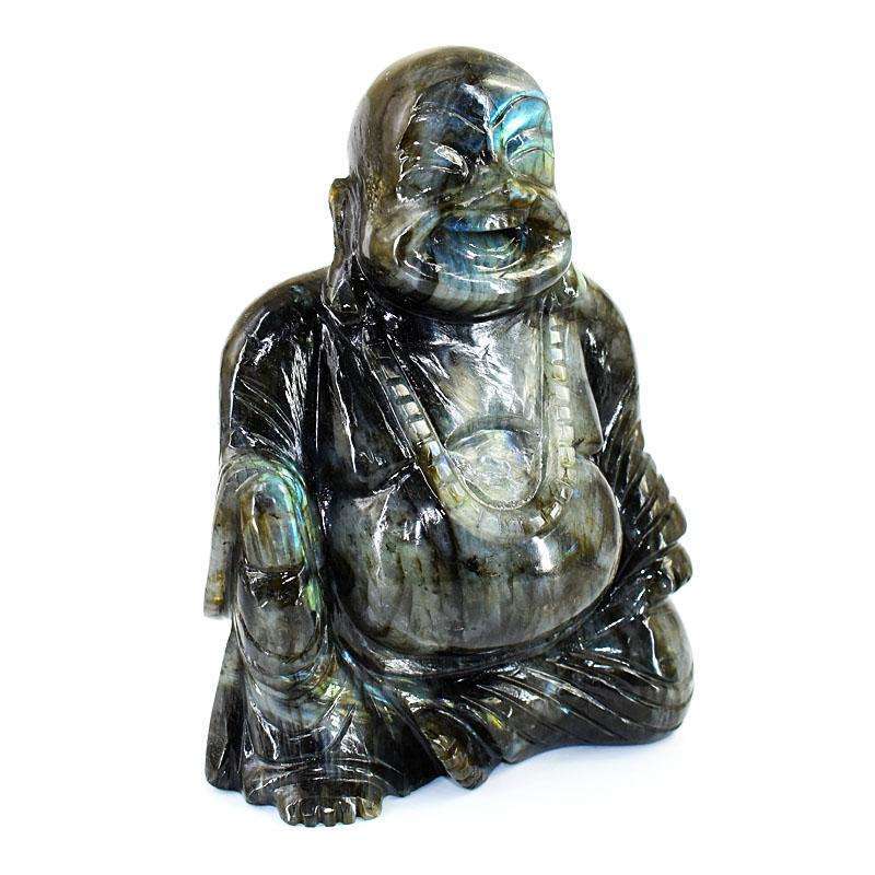 gemsmore:Exclusive Labradorite Hand Carved Genuine Crystal Gemstone Carving Massive Laughing Buddha