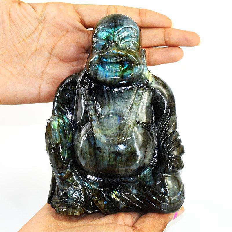 gemsmore:Exclusive Labradorite Hand Carved Genuine Crystal Gemstone Carving Massive Laughing Buddha