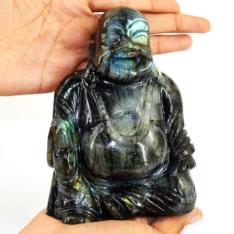 gemsmore:Exclusive Labradorite Hand Carved Genuine Crystal Gemstone Carving Massive Laughing Buddha