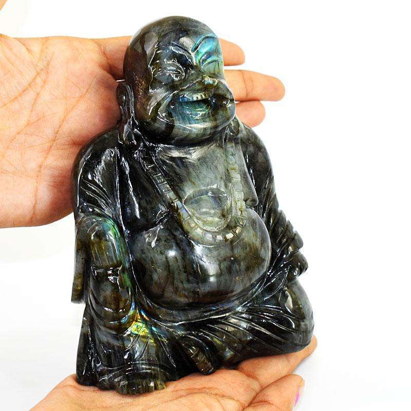 gemsmore:Exclusive Labradorite Hand Carved Genuine Crystal Gemstone Carving Massive Laughing Buddha