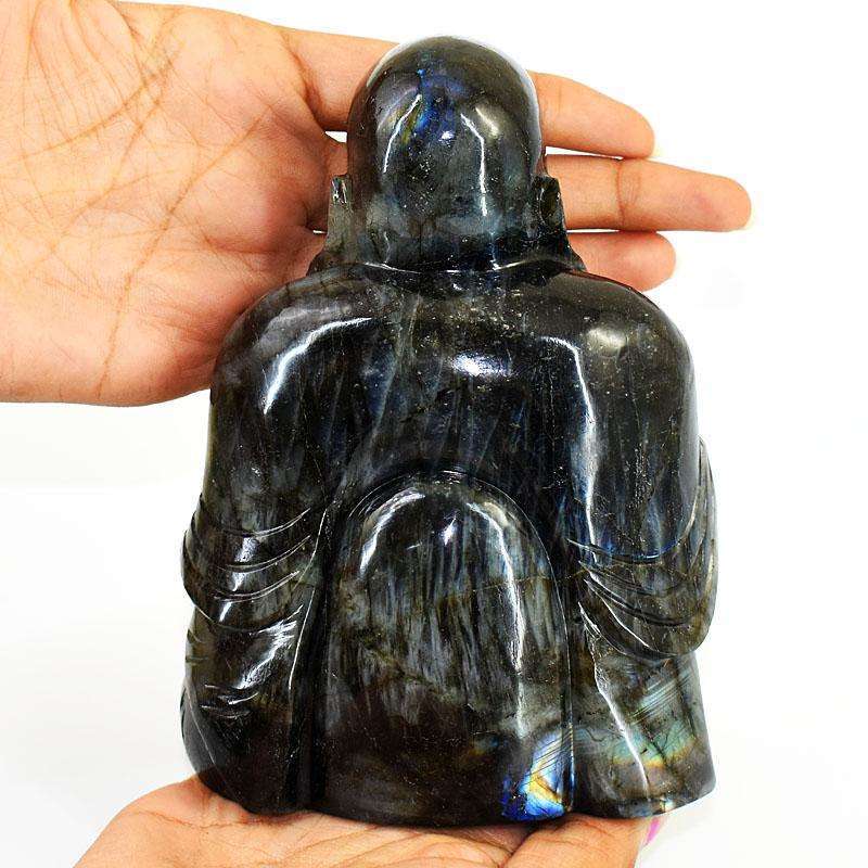 gemsmore:Exclusive Labradorite Hand Carved Genuine Crystal Gemstone Carving Massive Laughing Buddha