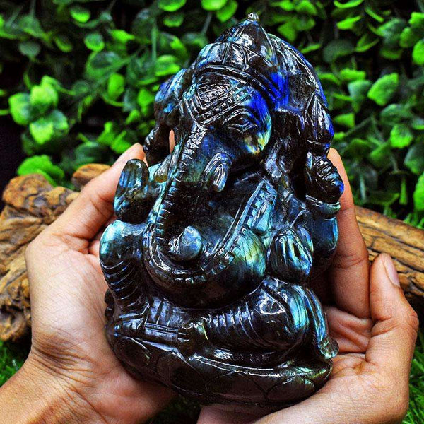 gemsmore:Exclusive Labradorite Hand Carved Genuine Crystal Gemstone Carving Massive Lord Ganesha