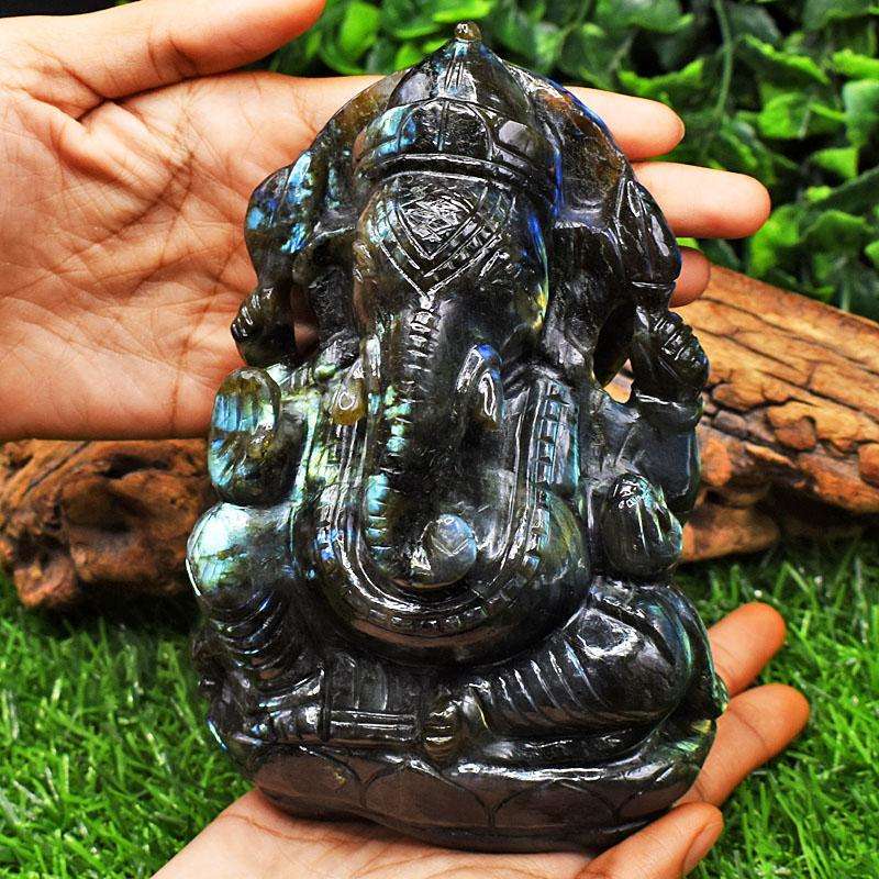 gemsmore:Exclusive Labradorite Hand Carved Genuine Crystal Gemstone Carving Massive Lord Ganesha