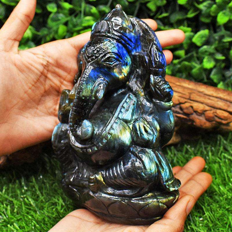 gemsmore:Exclusive Labradorite Hand Carved Genuine Crystal Gemstone Carving Massive Lord Ganesha