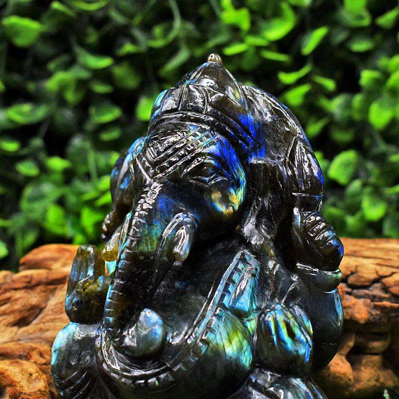 gemsmore:Exclusive Labradorite Hand Carved Genuine Crystal Gemstone Carving Massive Lord Ganesha