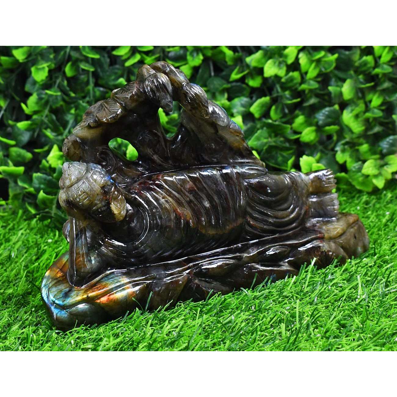 gemsmore:Exclusive Labradorite Hand Carved Genuine Crystal Gemstone Carving Massive Sleeping Lord Buddha