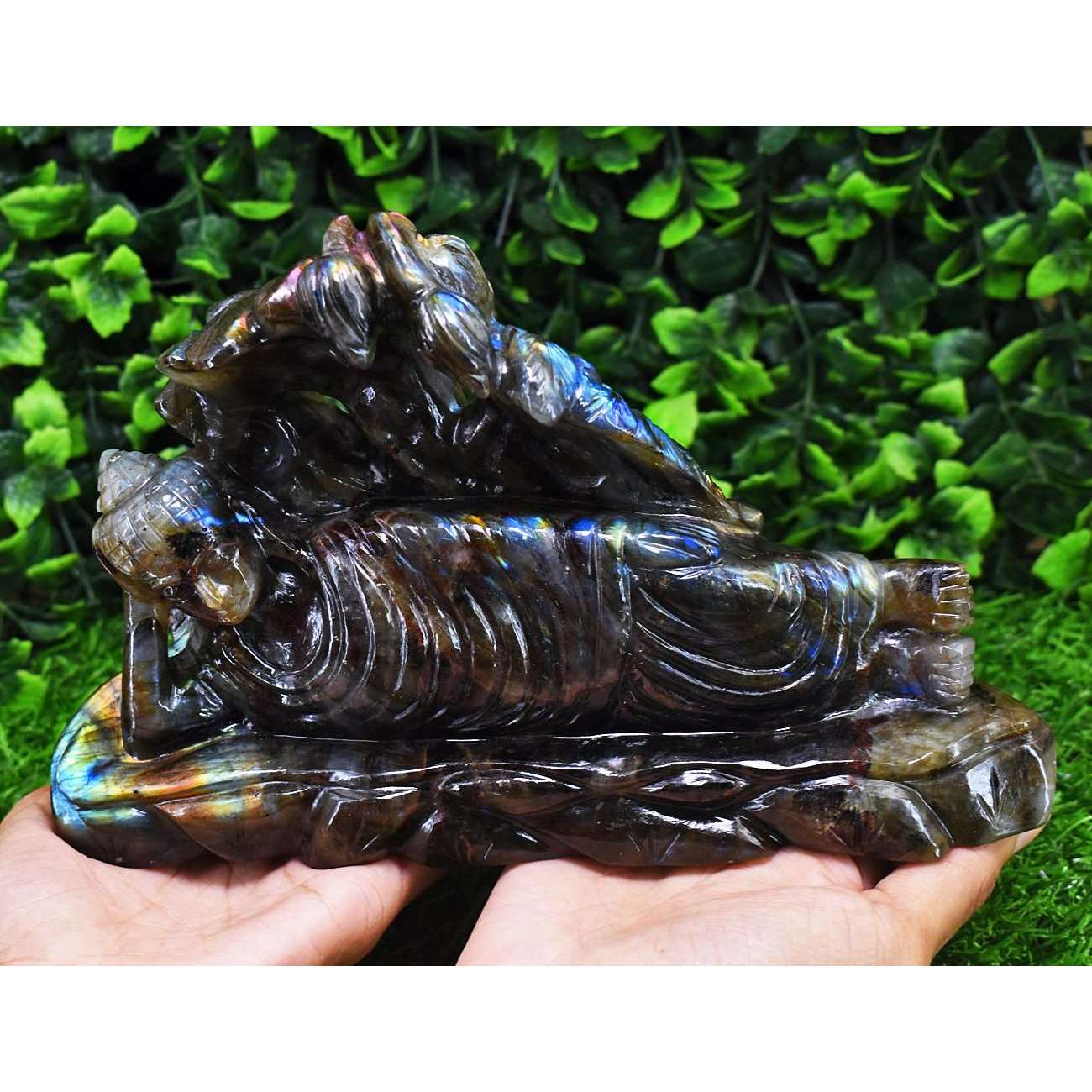 gemsmore:Exclusive Labradorite Hand Carved Genuine Crystal Gemstone Carving Massive Sleeping Lord Buddha