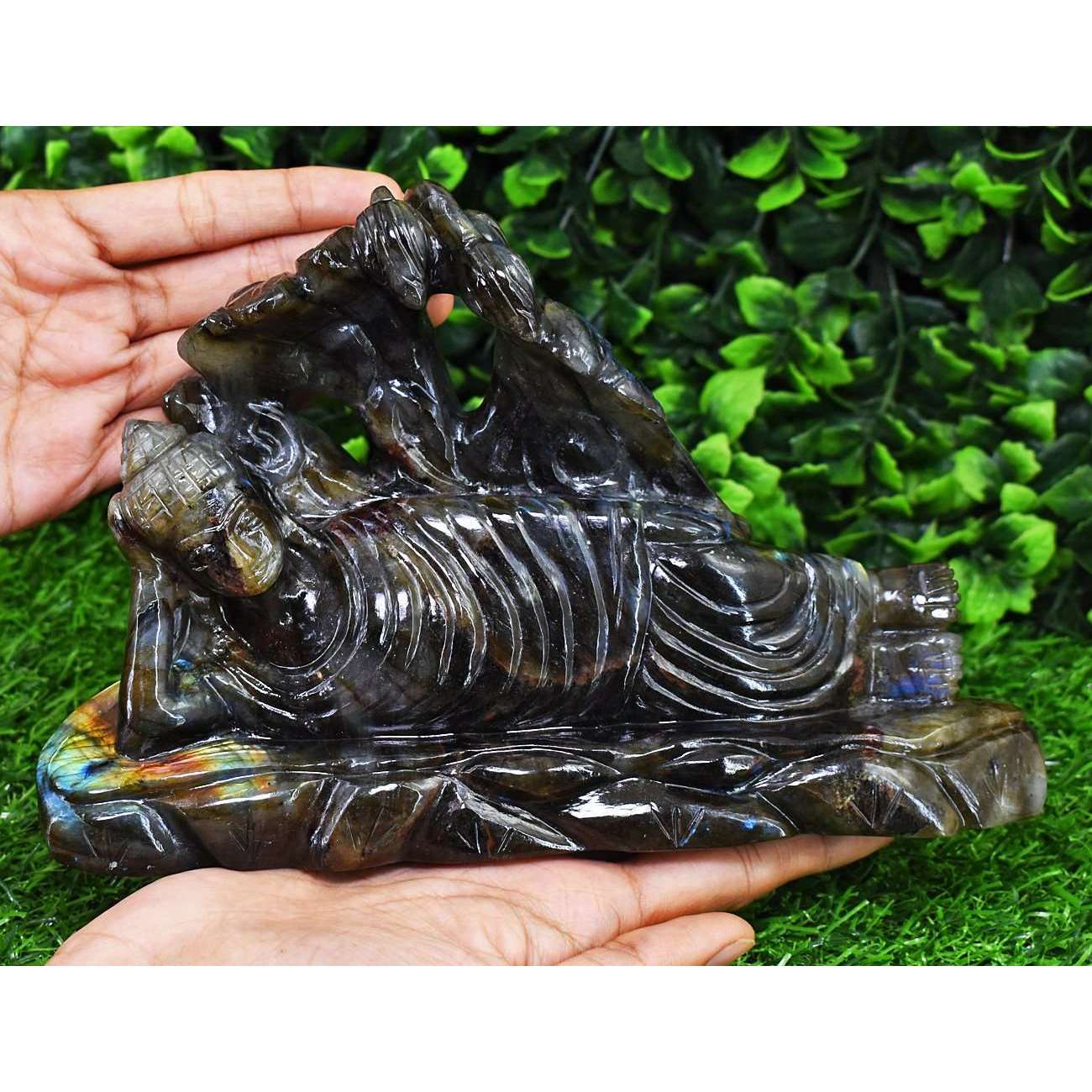 gemsmore:Exclusive Labradorite Hand Carved Genuine Crystal Gemstone Carving Massive Sleeping Lord Buddha