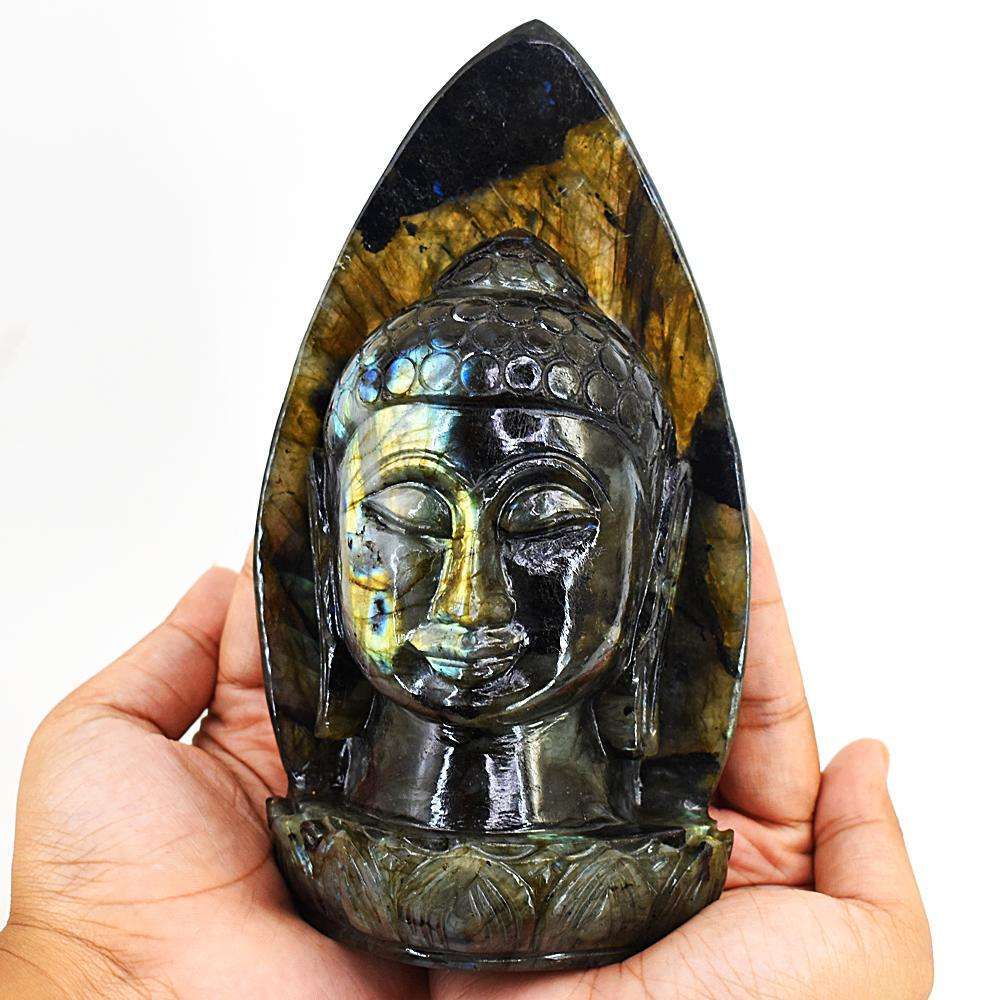 gemsmore:Exclusive Labradorite Hand Carved Genuine Crystal Gemstone Carving Palm Leaf Buddha Head