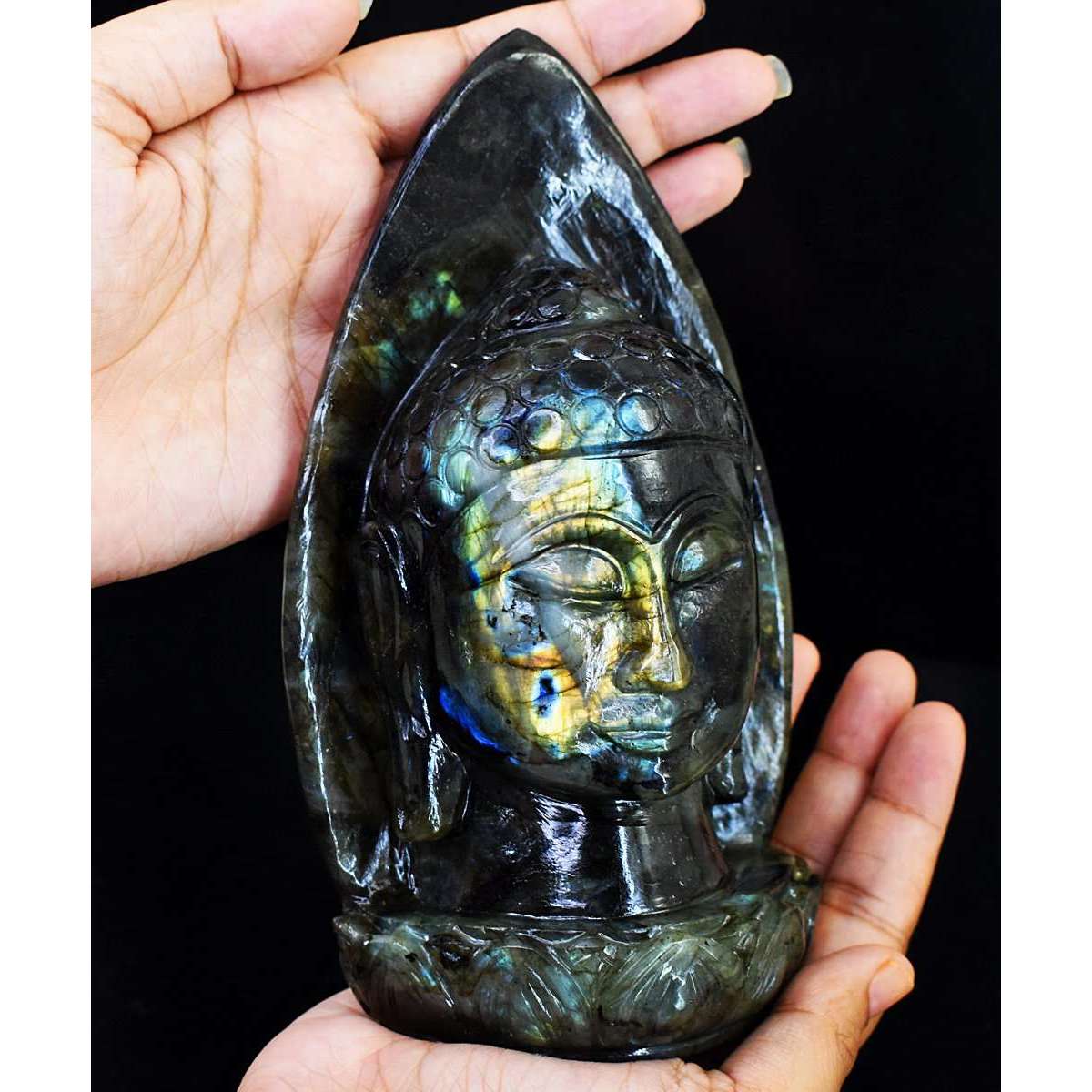 gemsmore:Exclusive Labradorite Hand Carved Genuine Crystal Gemstone Carving Palm Leaf Buddha Head