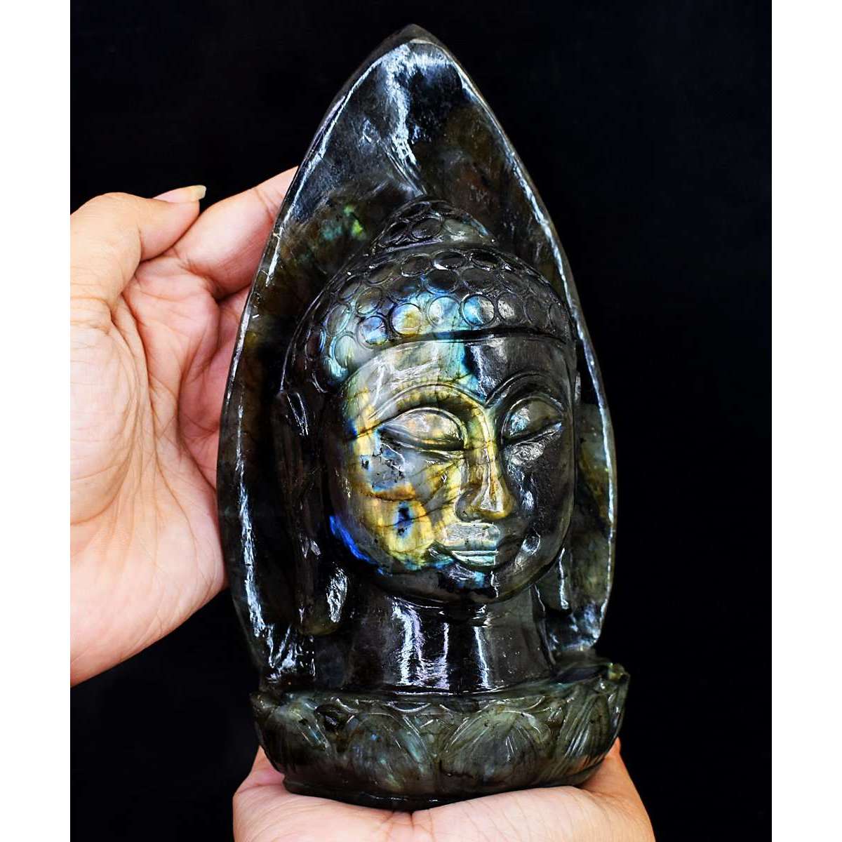 gemsmore:Exclusive Labradorite Hand Carved Genuine Crystal Gemstone Carving Palm Leaf Buddha Head