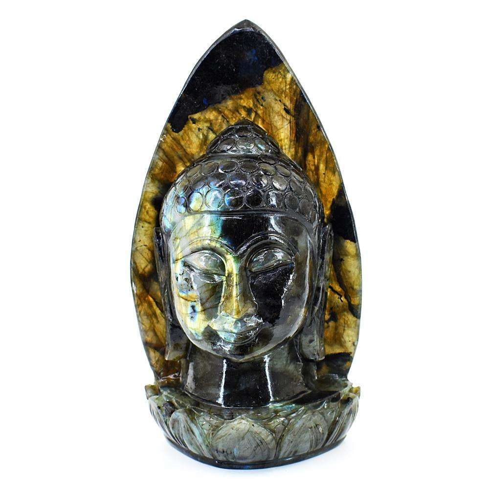 gemsmore:Exclusive Labradorite Hand Carved Genuine Crystal Gemstone Carving Palm Leaf Buddha Head