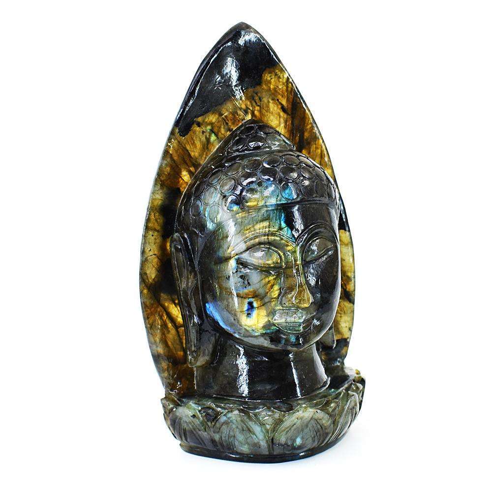 gemsmore:Exclusive Labradorite Hand Carved Genuine Crystal Gemstone Carving Palm Leaf Buddha Head