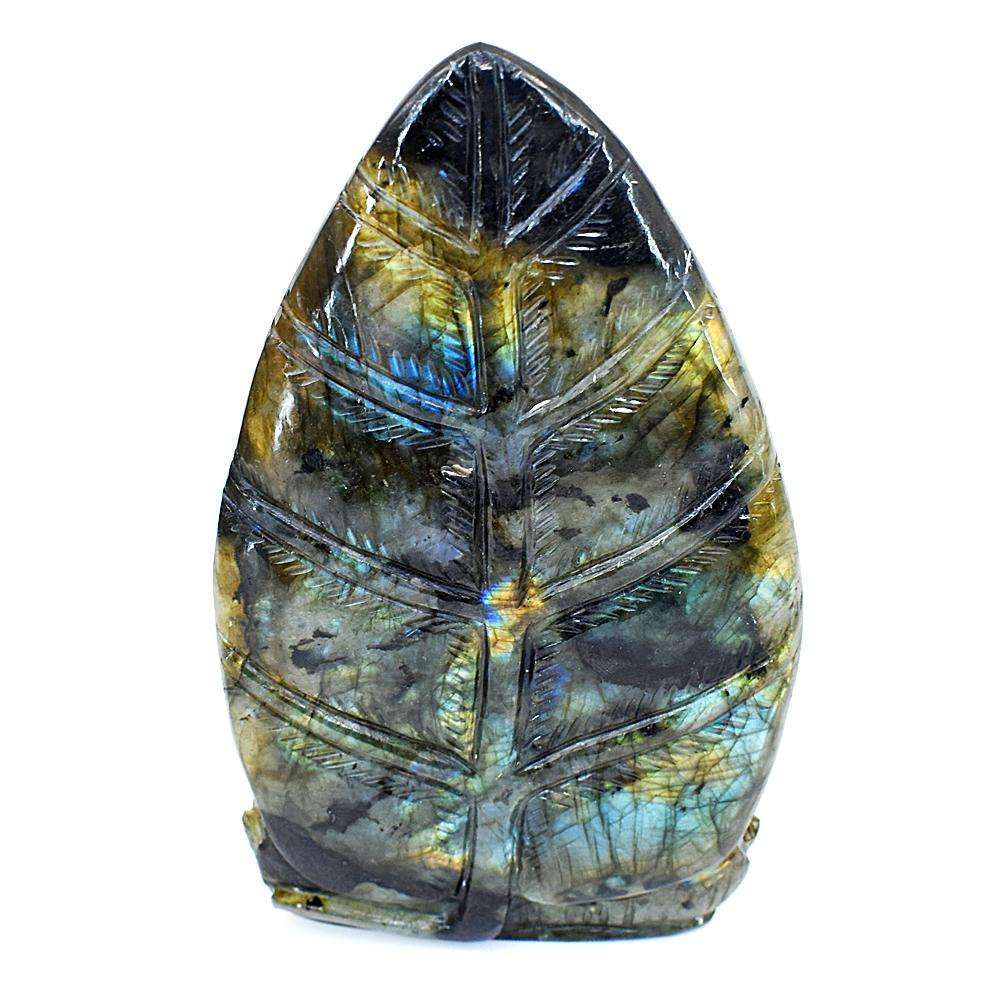 gemsmore:Exclusive Labradorite Hand Carved Genuine Crystal Gemstone Carving Palm Leaf Buddha Head