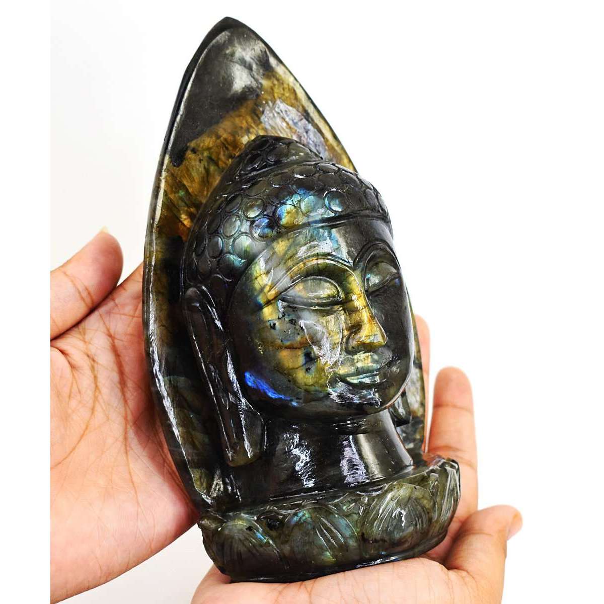 gemsmore:Exclusive Labradorite Hand Carved Genuine Crystal Gemstone Carving Palm Leaf Buddha Head