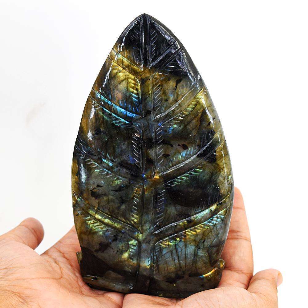 gemsmore:Exclusive Labradorite Hand Carved Genuine Crystal Gemstone Carving Palm Leaf Buddha Head