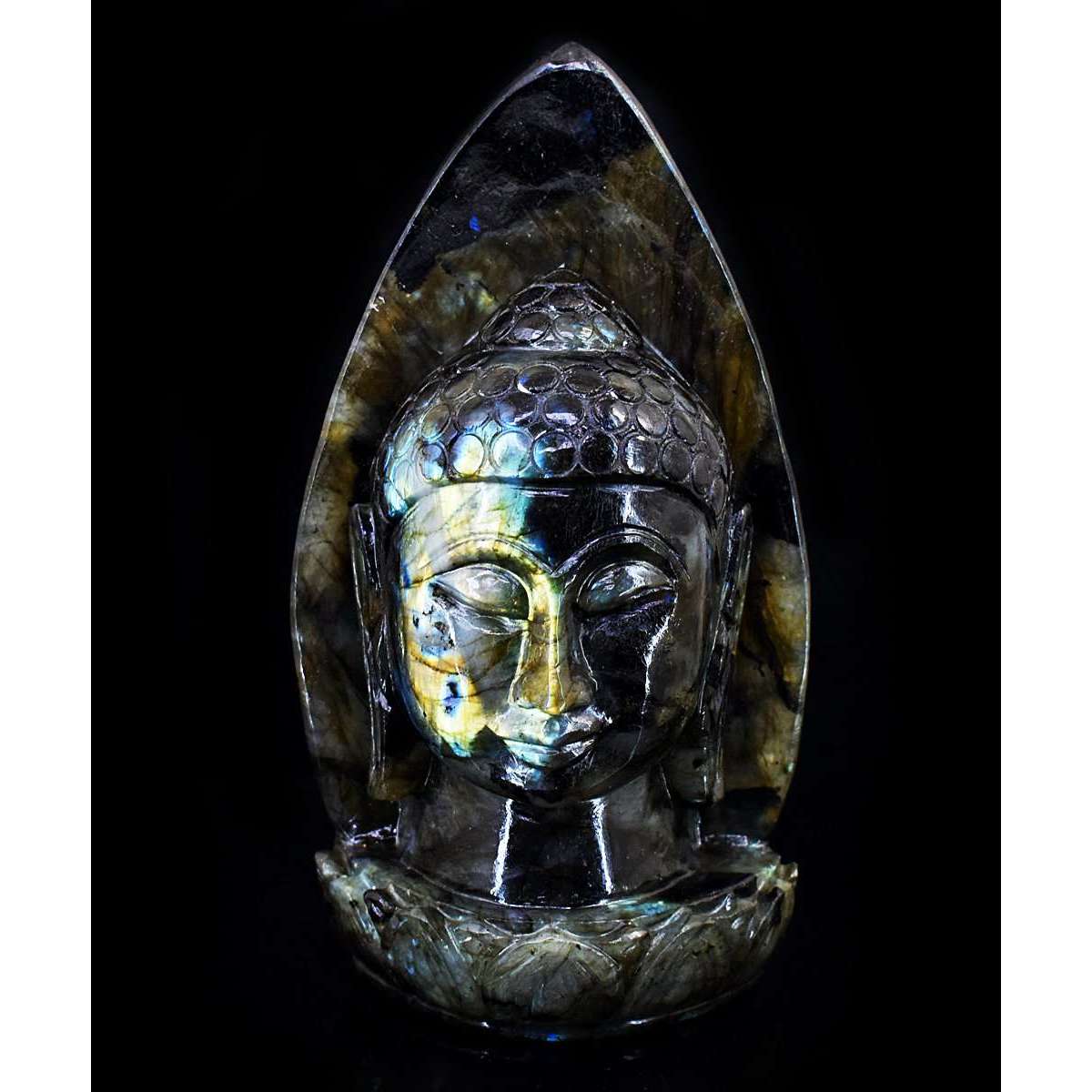 gemsmore:Exclusive Labradorite Hand Carved Genuine Crystal Gemstone Carving Palm Leaf Buddha Head