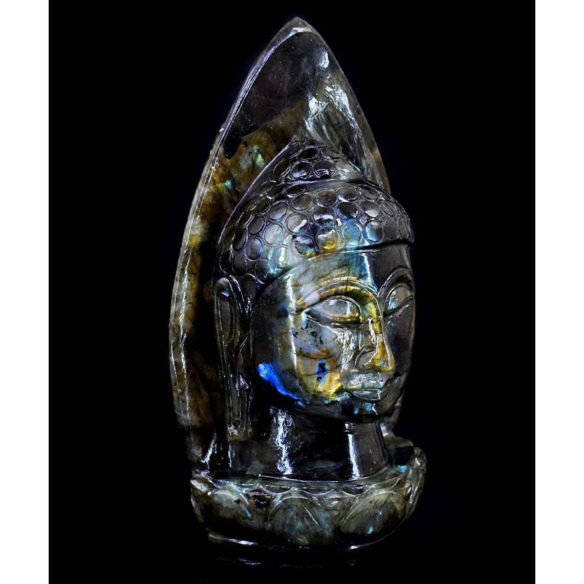 gemsmore:Exclusive Labradorite Hand Carved Genuine Crystal Gemstone Carving Palm Leaf Buddha Head