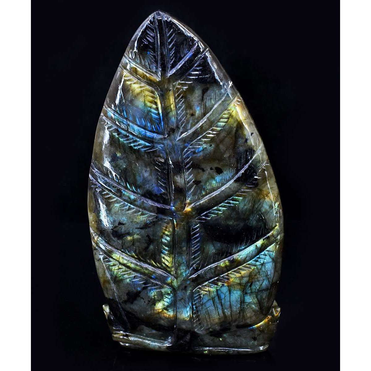 gemsmore:Exclusive Labradorite Hand Carved Genuine Crystal Gemstone Carving Palm Leaf Buddha Head