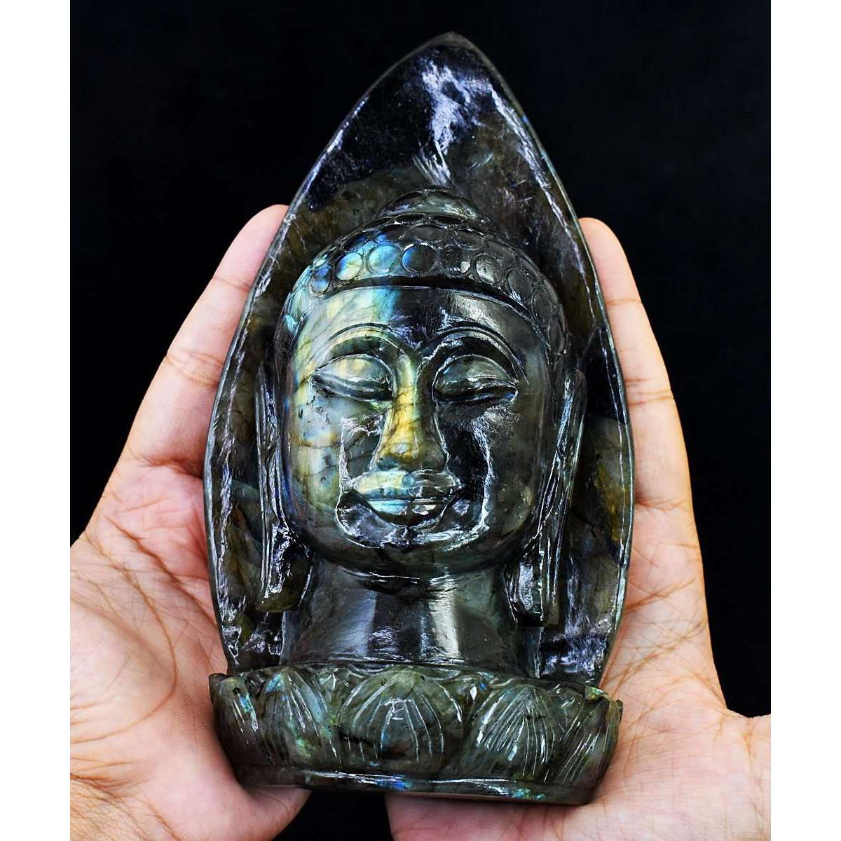 gemsmore:Exclusive Labradorite Hand Carved Genuine Crystal Gemstone Carving Palm Leaf Buddha Head