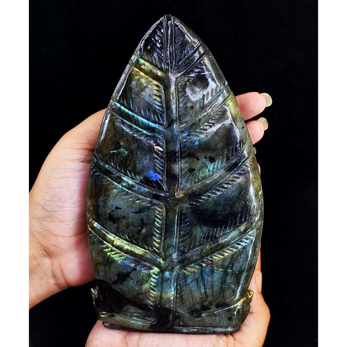 gemsmore:Exclusive Labradorite Hand Carved Genuine Crystal Gemstone Carving Palm Leaf Buddha Head