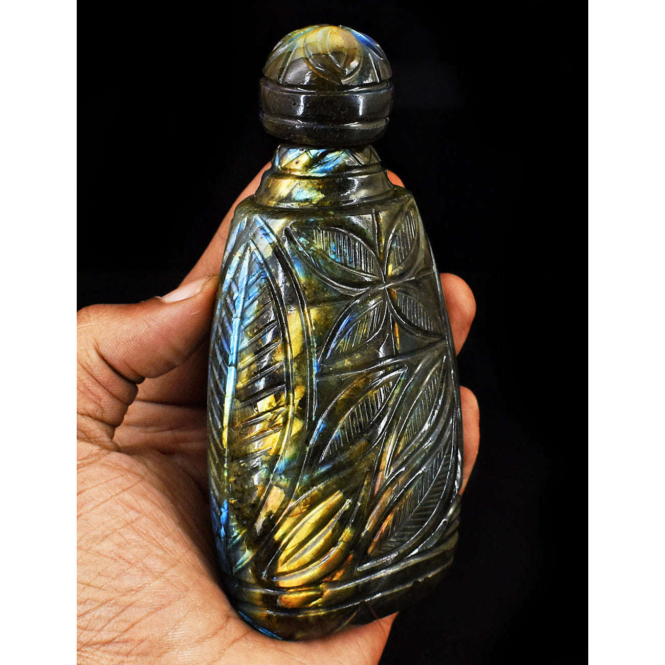 gemsmore:Exclusive Labradorite  Hand Carved Genuine Crystal Gemstone Carving Perfume Bottle