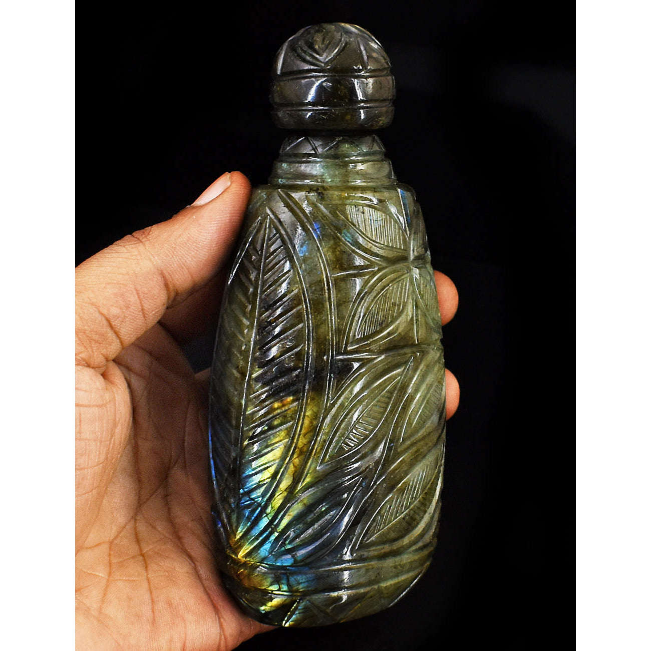 gemsmore:Exclusive Labradorite  Hand Carved Genuine Crystal Gemstone Carving Perfume Bottle