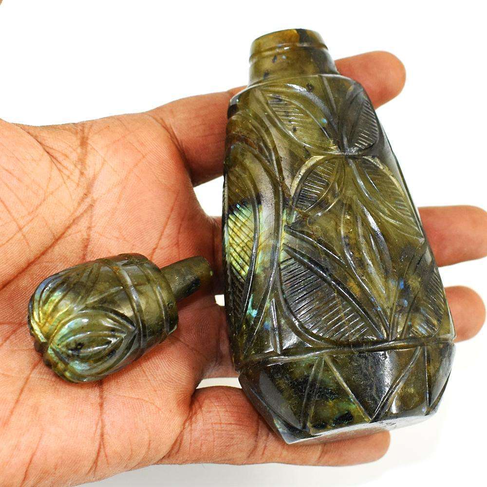 gemsmore:Exclusive Labradorite Hand Carved Genuine Crystal Gemstone Carving Perfume Bottle