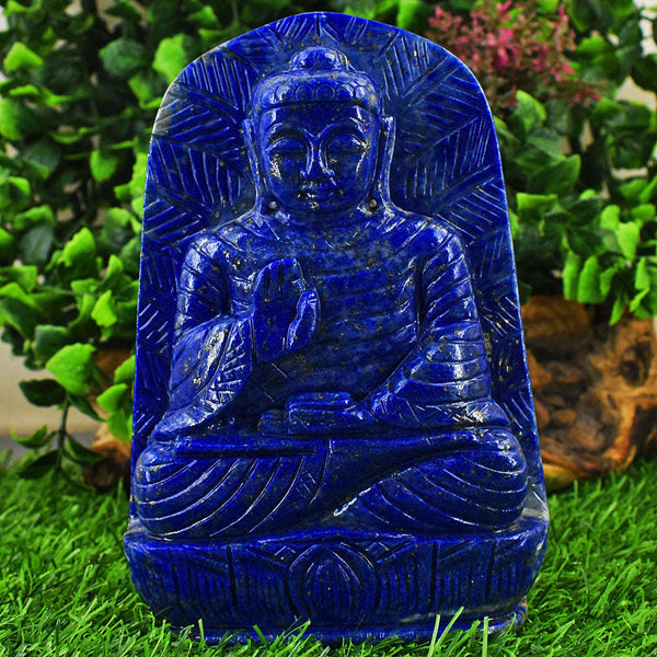 gemsmore:Exclusive Lapis Lazuli Hand Carved Genuine Crystal Gemstone Carving Leaf Palm Lord Buddha